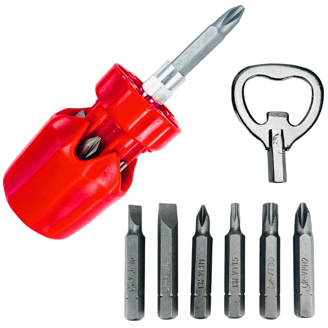 Artesia Tool 7 in 1 Small Screwdriver | Size 4.5" Long | 6 Bits Included Phillips, Flat, Torx | Bonus Bottle Opener Included | Compact and Easy to Store