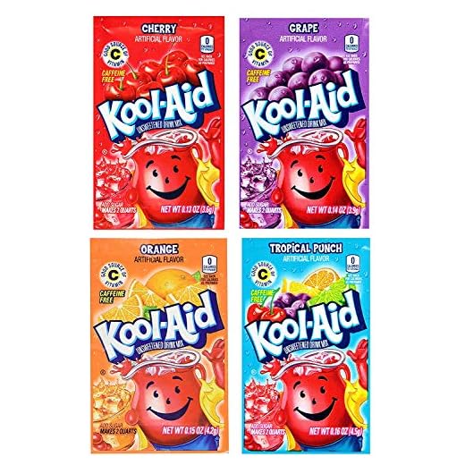 Kool-Aid Unsweetened Drink Mix Packets, Assorted Flavors - Tropical Punch, Orange, Cherry, Grape, 48 Packets