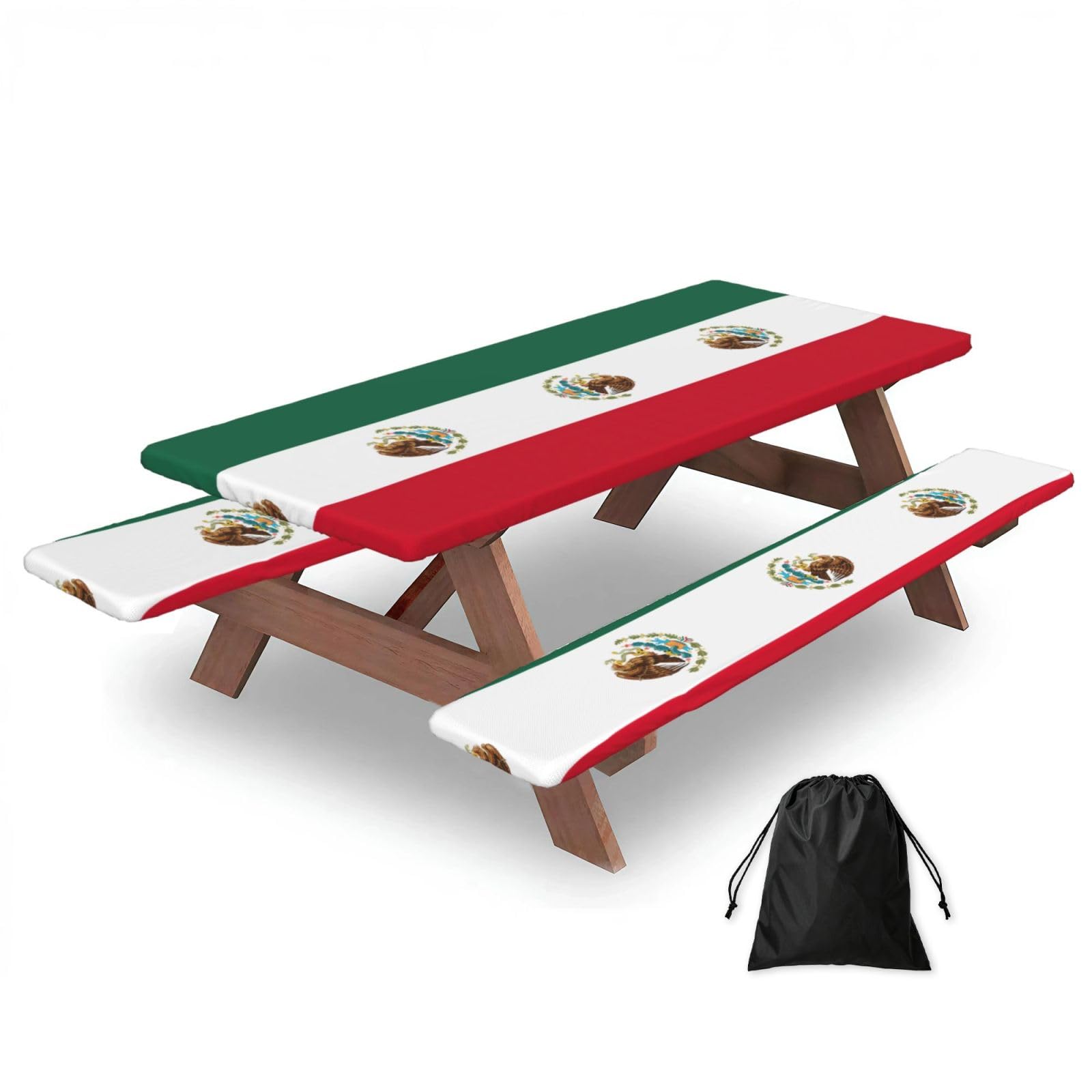 Duwaa Black Flag Of Mexico Print 183Cm Picnic Table Cover With Bench Covers, Waterproof Elastic Tablecloth Set For Outdoor