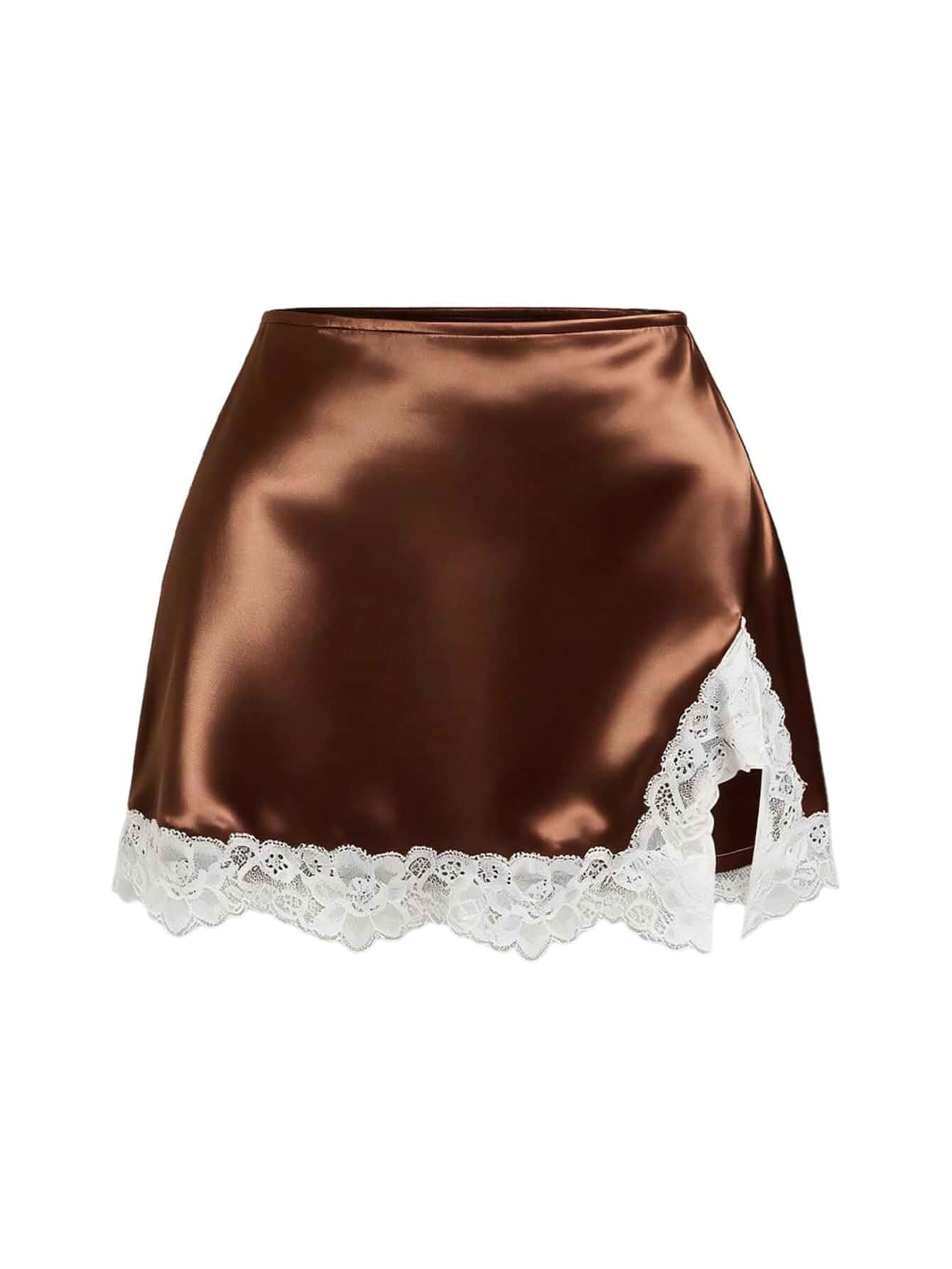 WDIRARA Women's Satin Lace Trim Mini Skirts Split Low Waisted Going Out Skorts