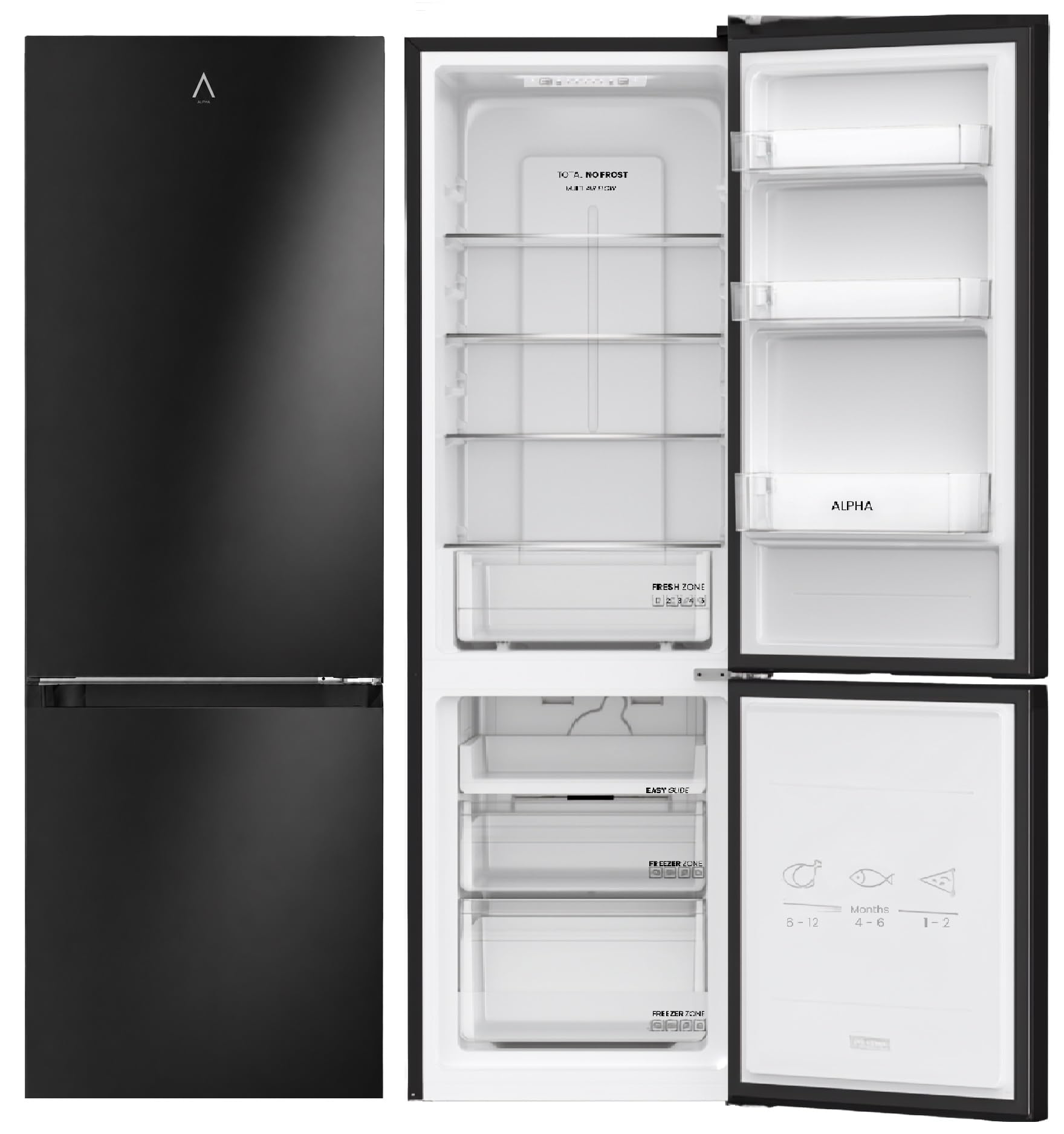 ALPHA Frigorífico Combi Pegasus Elite-180 Negro Brillo, Total No Frost con Multi Airflow, Inverter, Bajo Nivel Sonoro *Alta Gama* | Frigorifico negro