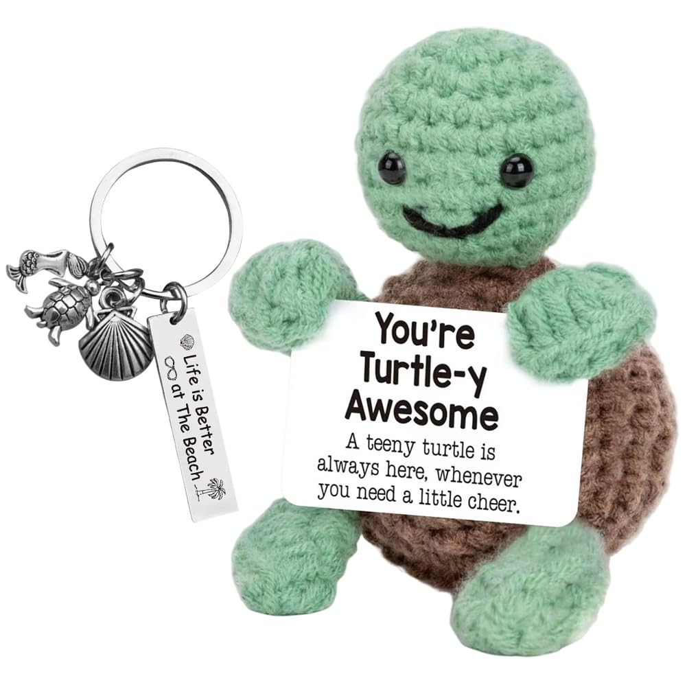 Vexthorion Unisex Kids Brown Positive Turtle,Funny Crochet Plush Toy,Knitted Turtle Doll With Stainless Steel Seashell Animals Pendant Keychain,Emotional Support Inspirational Motivational Encouragement Gift,2Pcs