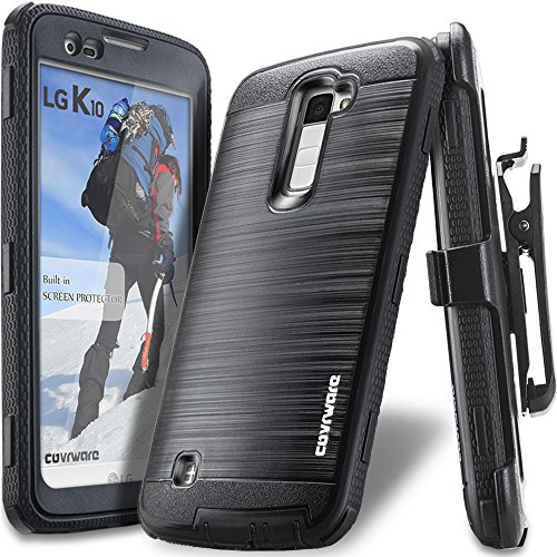 COVRWARE Iron Tank Case Compatible with LG K10 / LG Premier LTE with Built-in [Screen Protector] Heavy Duty Full-Body Rugged Holster Armor [Brushed Metal Texture] Case [Belt Clip][Kickstand], Black