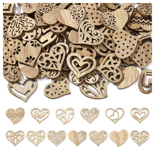 LiQunSweet 200 pcs Mixed Styles Hollow Heart Undyed Wood Cutout Sweet Love Wood Slices for Valentine's Day Present DIY Printing Art Craft Home Embellishments