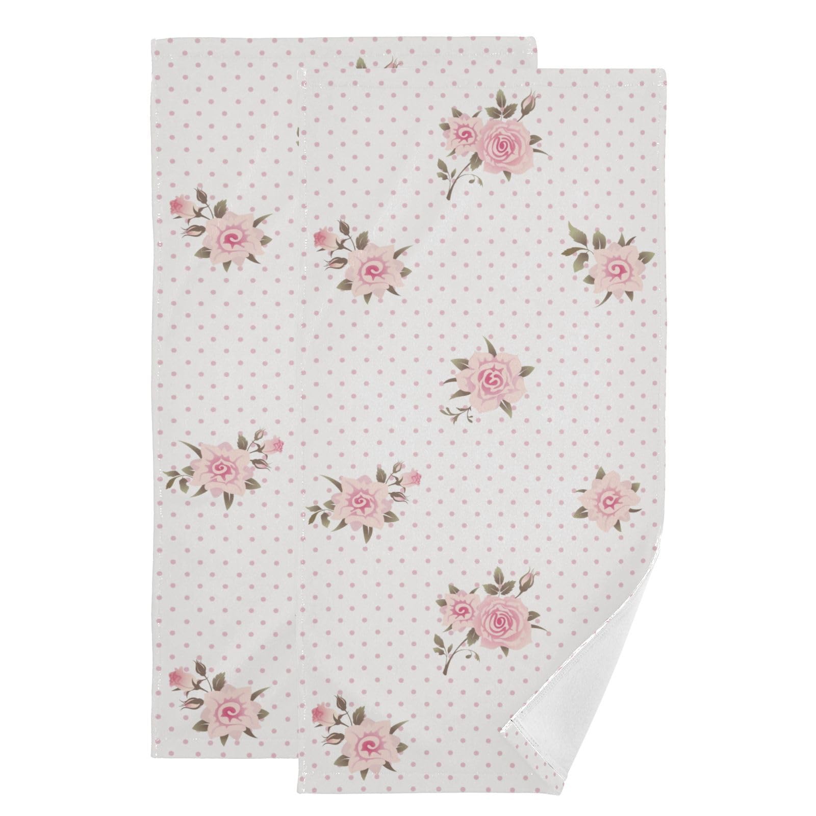 HUAZHIKOU Pink Rose Flower Polka Dot Hand Towels for Bathroom Set of 2 Soft Quick Dry Vintage Shabby Chic Floral Style Kitchen Dish Towels Decorative