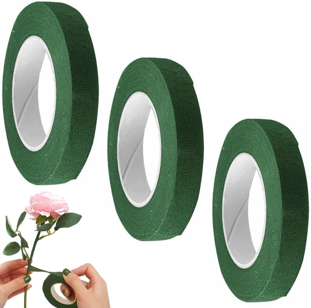 3 Roll Florist Tape - 12mm Width Dark Green Flower Tape for Bouquet Stem Wrapping and DIY Handcrafts - 30 Yard/Each