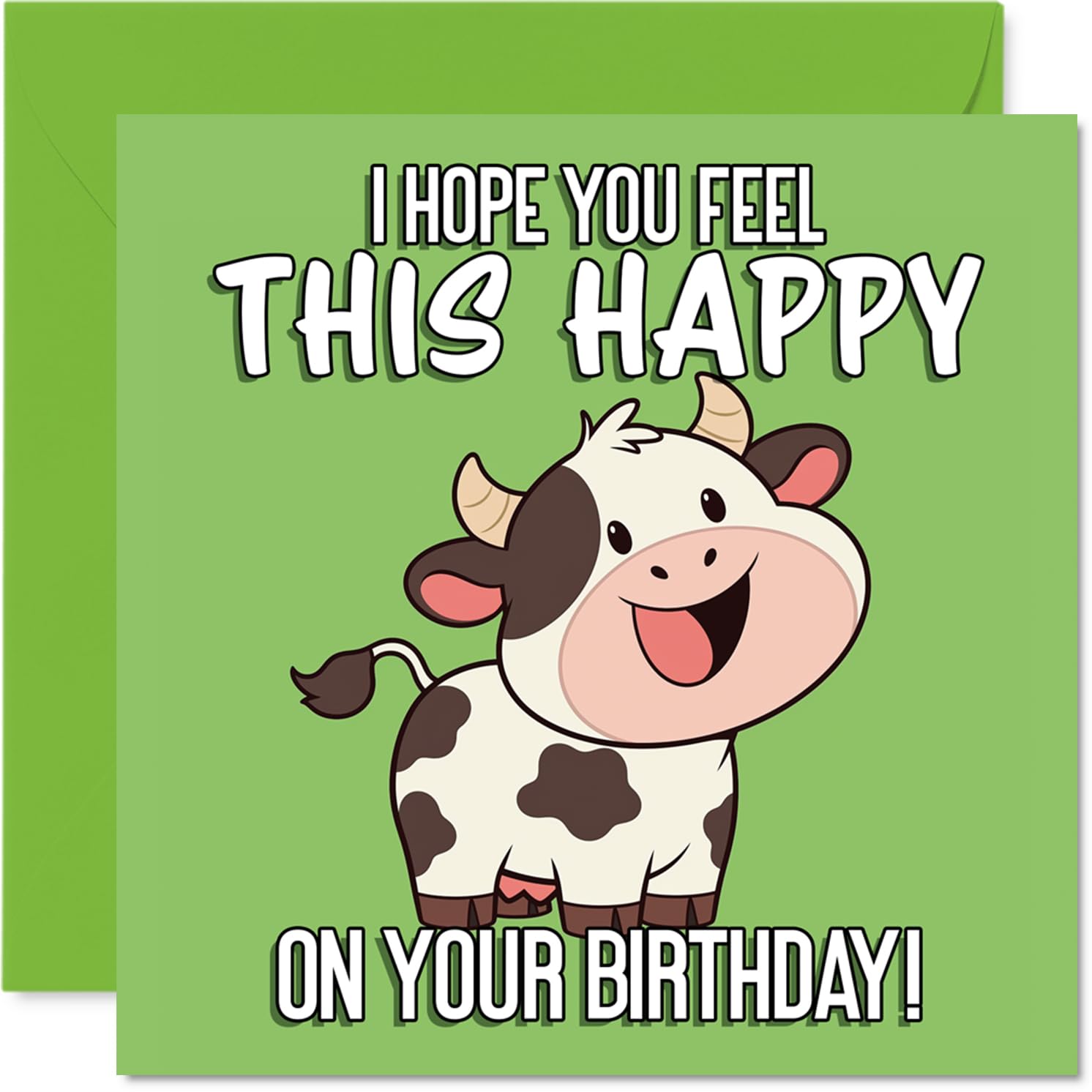 Cute Birthday Card - Udderly Cheerful Vibes - Cartoon Cow on Bright Green with Joyful Birthday Wishes - Sure to Lift Anyone's Mood - 145mm Square, Envelope Included