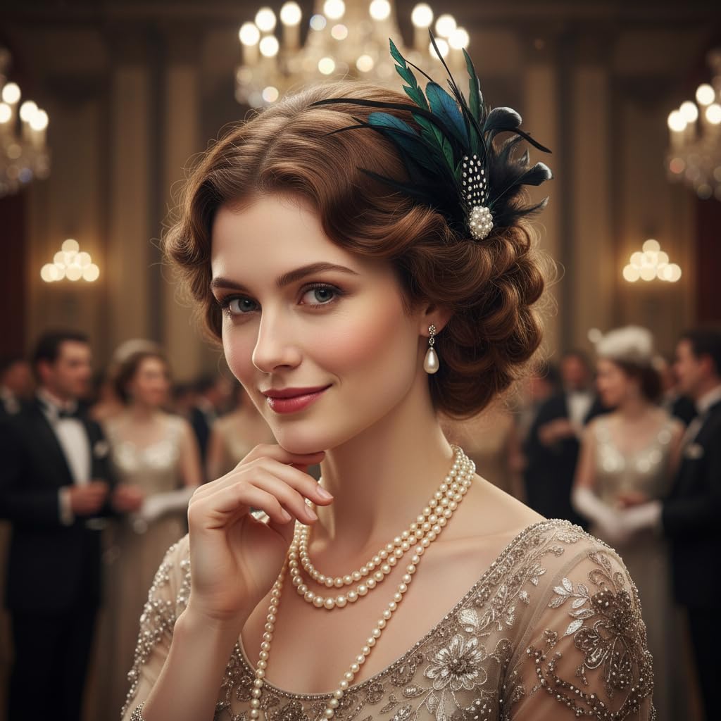 Yokawe 1920s Flapper Feather Hair Clip,Black Gatsby Pearl Headpiece for Women,Vintage Hair Accessories for Cocktail Parties - Image 7