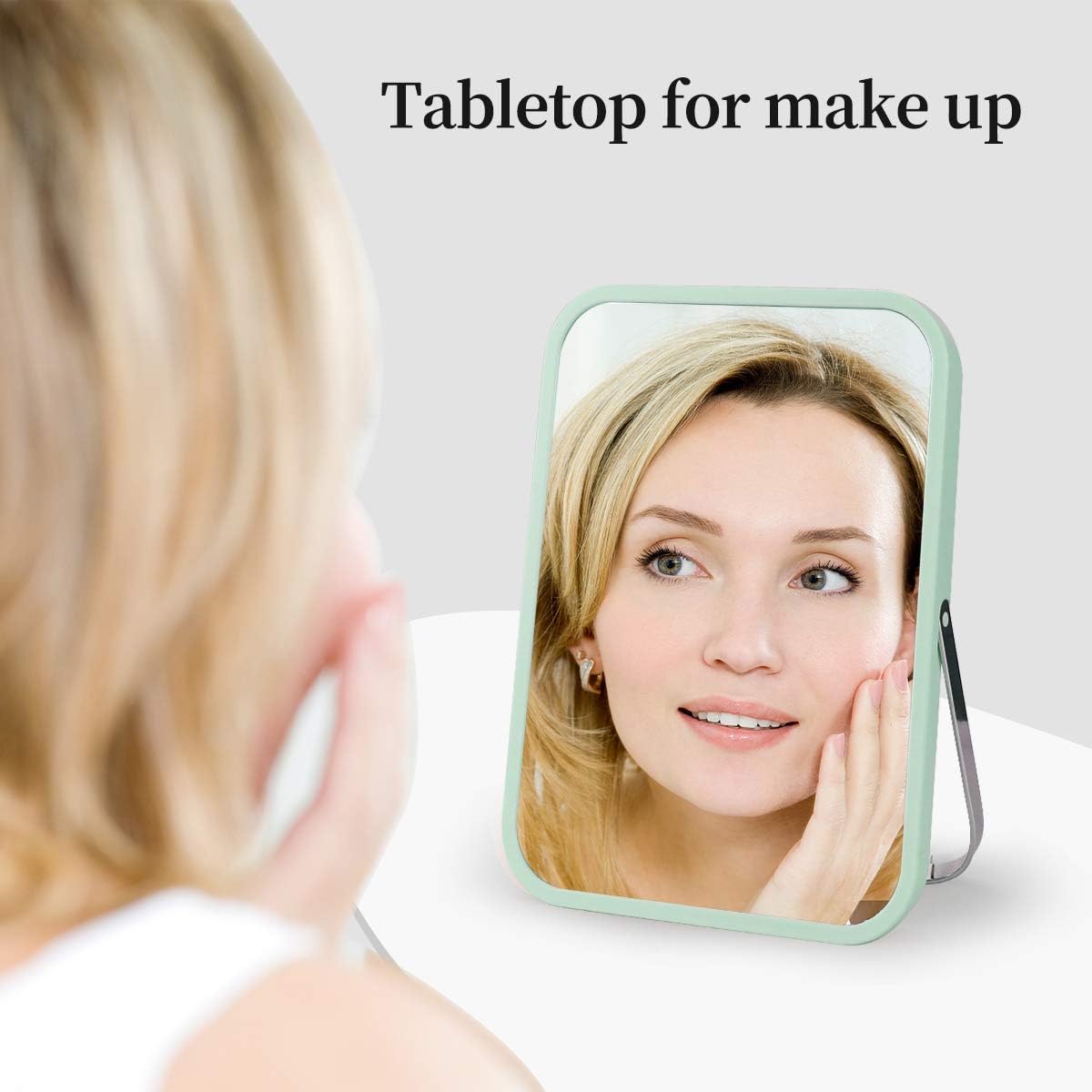 Tabletop Makeup Mirror, Square Foldable Vanity Mirror, 8-Inch Portable Folding Mirror with Metal Stand, Table Desk Standing Wall Hanging 90°Adjustable Dual-Purpose Cosmetic Mirror(Green) -