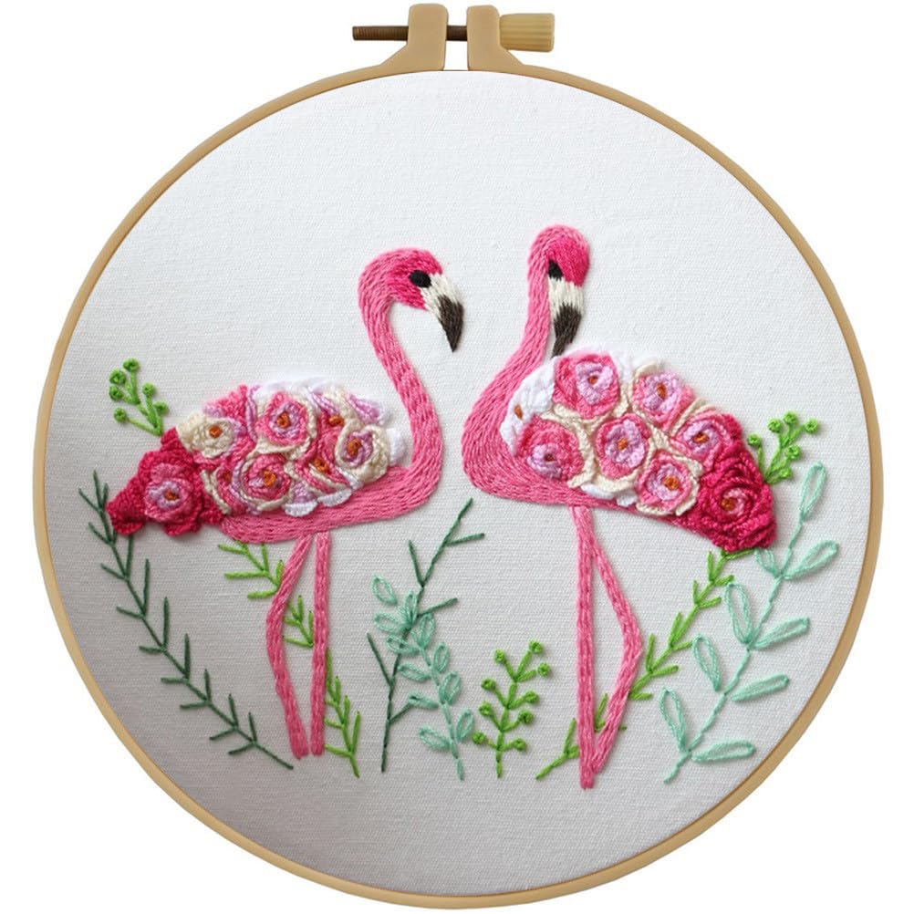 Esffaci Embroidery Starter Kit for Adult Beginner with Flamingo Plant Pattern Hand Embroidery Set with Embroidery Cloth Hoop Needles Colorful Floss and Instruction
