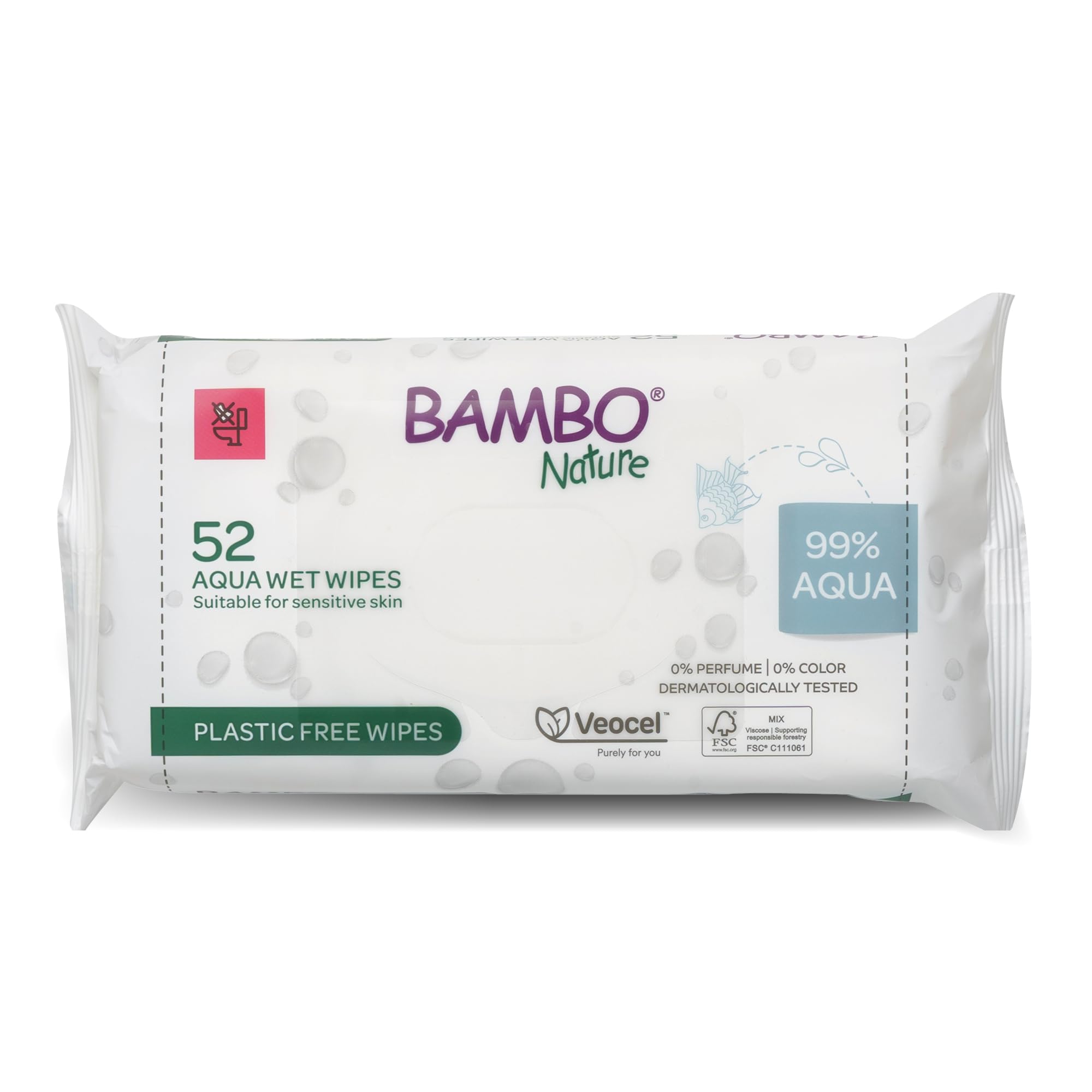 Bambo Nature Aqua Wet Wipes, 1 Pack (52 Wipes), 99% Water, Sensitive Skin Safe, Extra Soft Baby Wipes with 100% Veocel Viscose, Irritation Free for Delicate Skin, Fragrance Free, Ideal for Daily Use