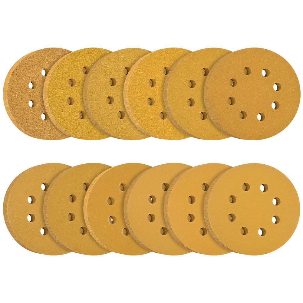 Flintronic 120PCS 125mm Sanding Discs, 8 Hole Hook and Loop Sanding Pads for Random Orbital Sander, 60/80/100/120/150/180/220/240/320/400/600/800 Mixed Grits Orbital Sander Discs (Yellow)
