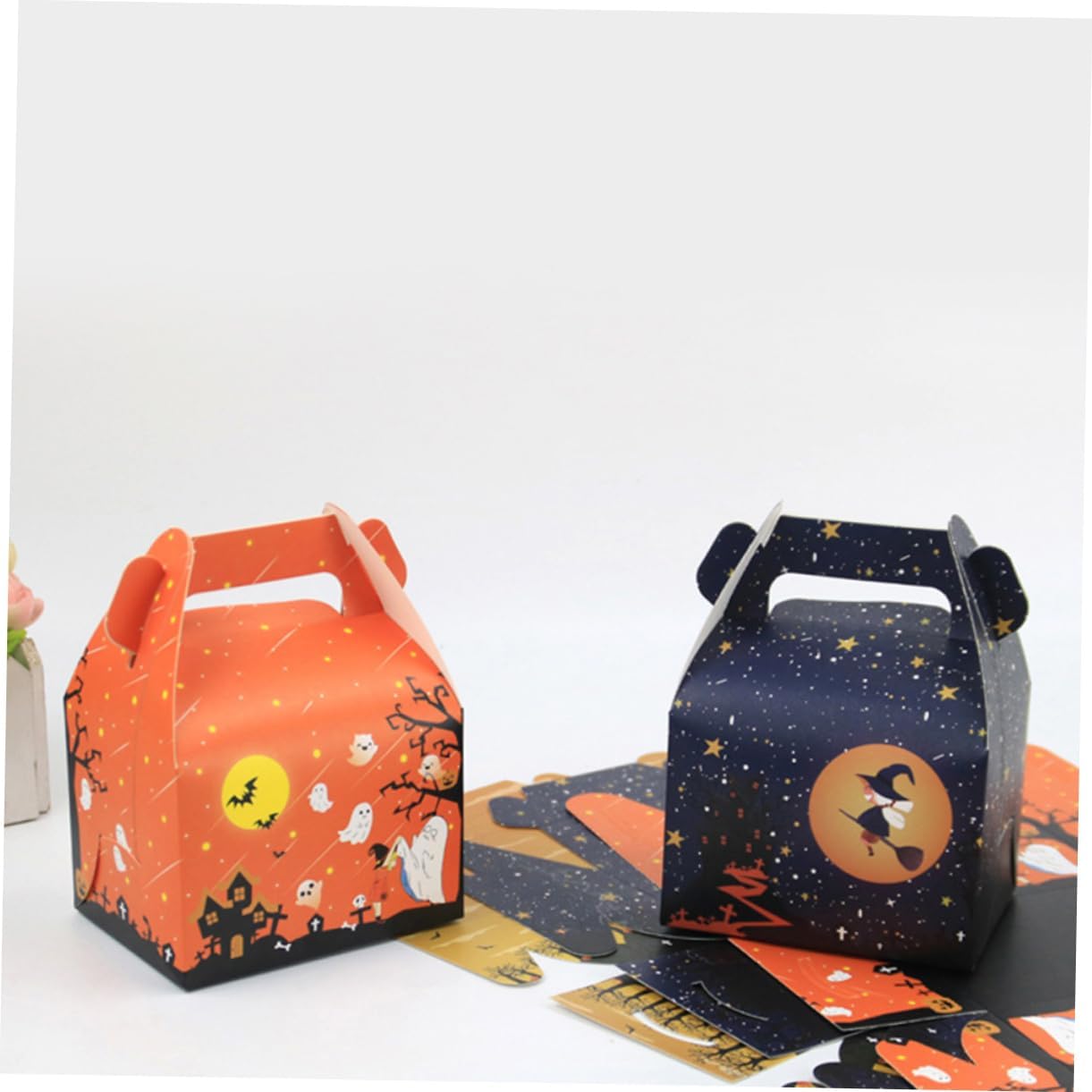 SKISUNO 24pcs Halloween Treat Boxes Portable Candy Boxes Fun Patterns for Parties Festivals and Themed Events Spooky Webs Ghosts Witches and