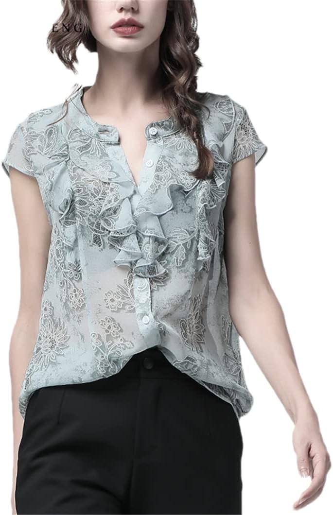 Summer Ruffles Blouse Women Tops Floral Printed Loose Plus Size Casual Chiffon Shirts
