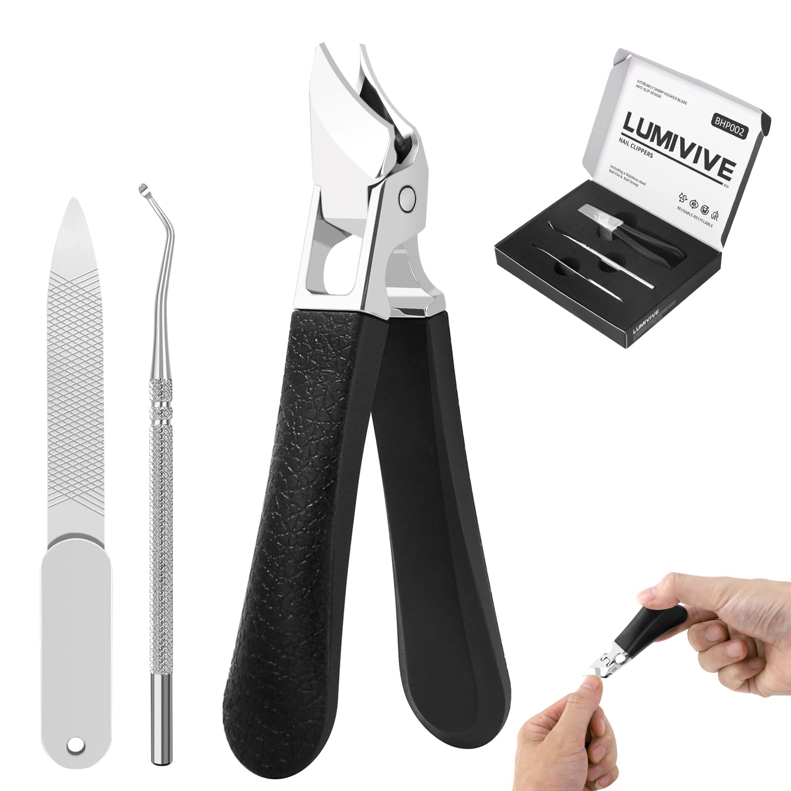 Sharp Slanted Nail Clippers - Slant Curved Blade Nail Clipper for Thick Nails, Toenail Clippers for Senior Ingrown Nails Care, Long Handle Wide Jaw Opening Anti-Splash Nail Clipper for Men Women