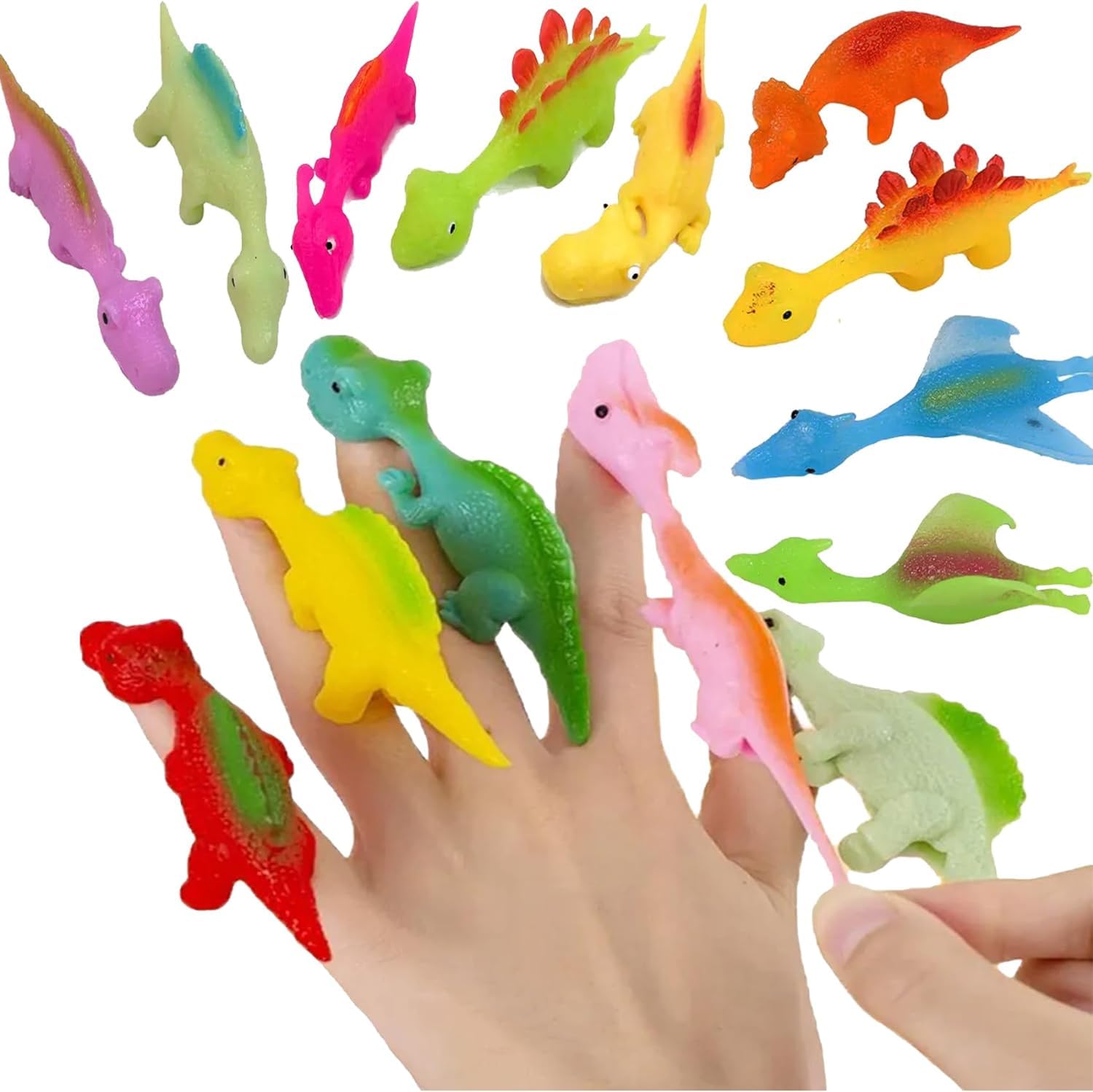 Juguete de dedo de dinosaurio con tirachinas, juguetes de dedo de dinosaurio, juguete divertido de dinosaurio volador, juguete de fiesta de dinosaurio para niños, juguetes de regalo (10 unidades)