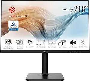 MSI Modern MD241P, 24", 1920 x 1080 (FHD), IPS, 75Hz, TUV Certified Eyesight Protection, 5ms, HDMI, USB C, Tilt, Swivel, Height Adjustable, Pivot