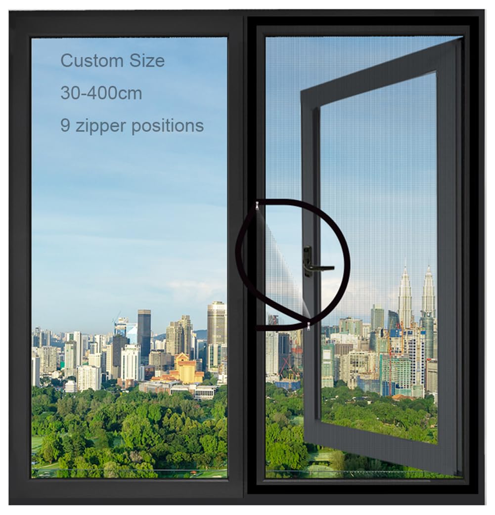 Fly Screen for Windows,Custom Size Anti-Mosquito Insect Window Mesh with Zipper,Self-Adhesive Cat Protection Window Guard Net,Tear-proof Fibergalss Netting