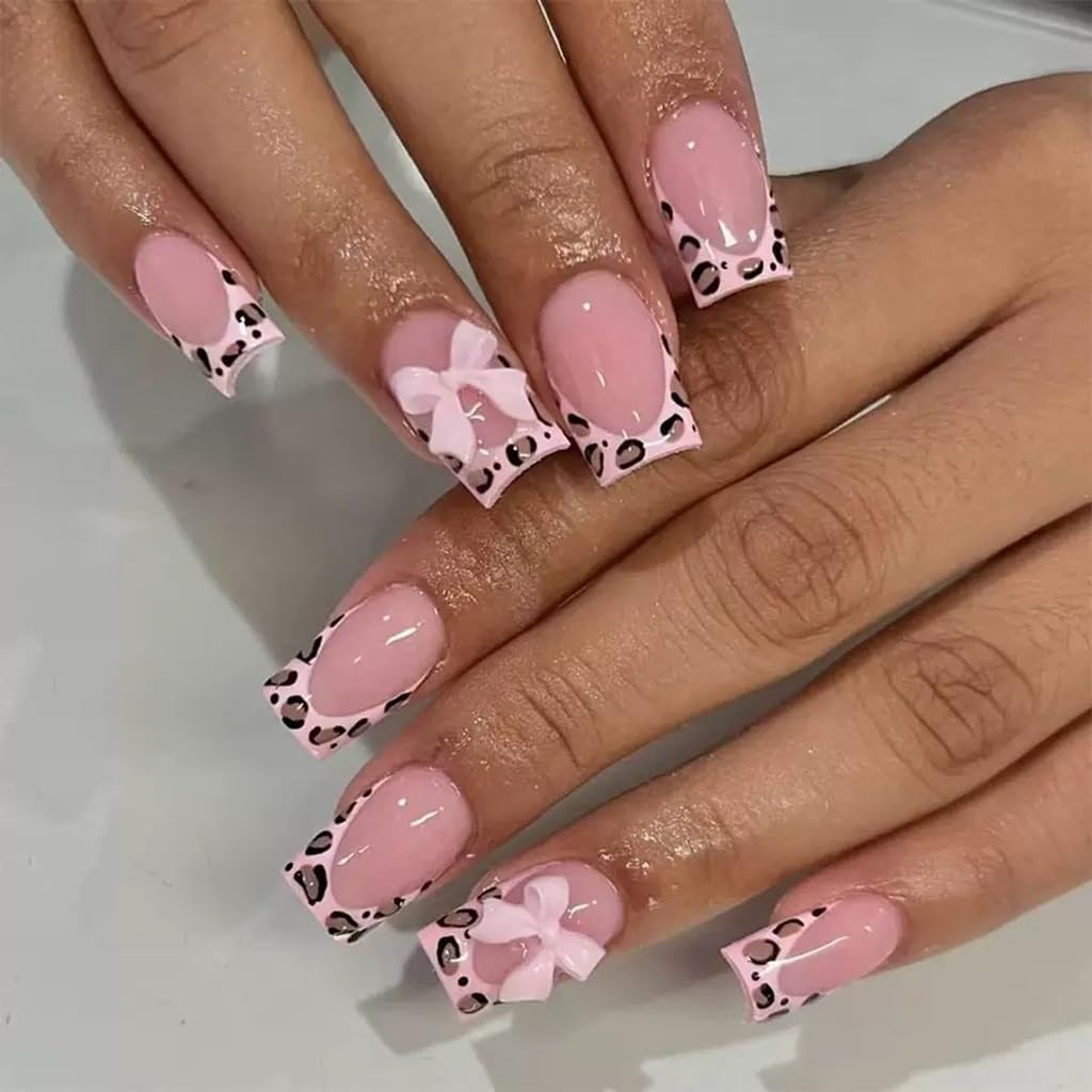 Pink Press on Nails Short Square Fake Nails French Tip False Nails with 3D Bow Design Acrylic Nails Leopard Print Full Cover Stick on Nails Cute Glue