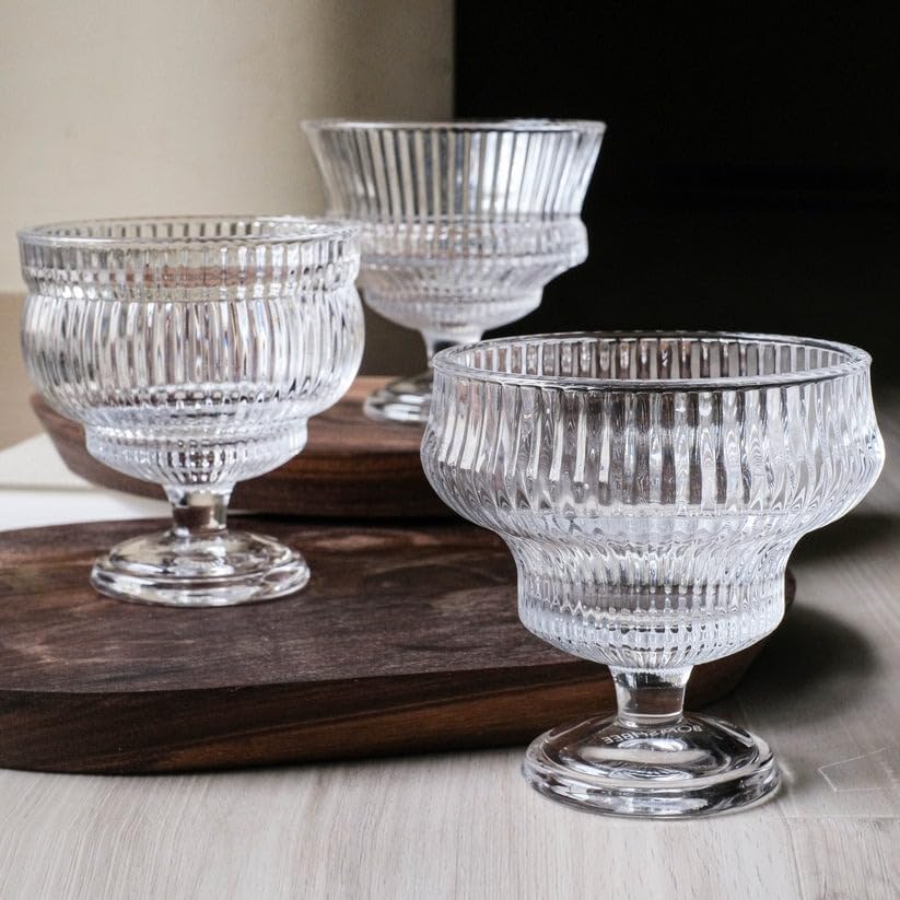 Red-Rubby Ice Cream Sundae Glass Bowl Set of 3, Clear Stripes Footed Dessert Bowls, Glass Dessert Cups Perfect for Sundae, Ice Cream, Fruit, Salad, Cocktail, Trifle 300ml (3) 1
