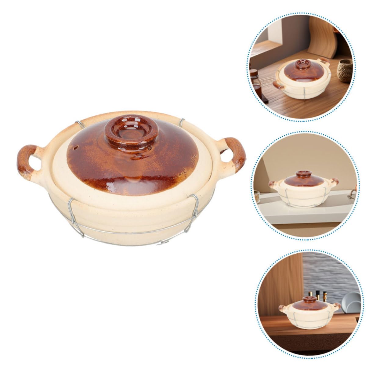 Olla de Barro con Asa para Cocinar, 2 Piezas Beige de Arcilla | Hierro Incluido Estructura, Diseño de Agarre Seguro y Resistente al Calor, para Sopas y Preparación Individual