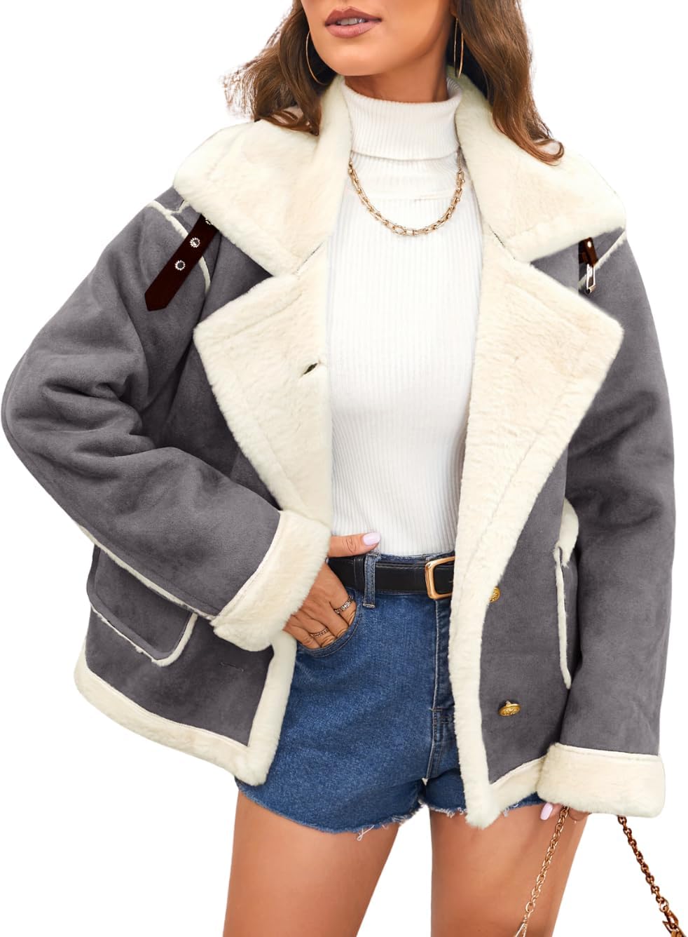 ChiaoLezhee Women's Faux Suede Sherpa Lined Jacket, Oversized Fur Lapel Coat, Winter Warm Outfit Trendy