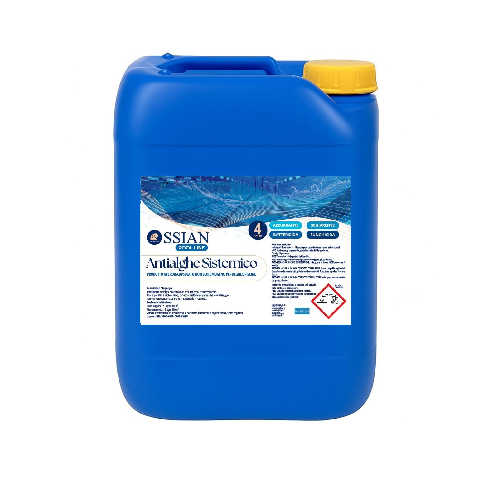 Ossian Pool Antialghe Piscina, Alghicida Sistemico Microincapsulato 4 Azioni, Non Schiumogeno, Termoresistente, Azzurrante e Schiarente per Piscine, SPA e Idromassaggio (25 Kg, 25000, millilitro, 1)