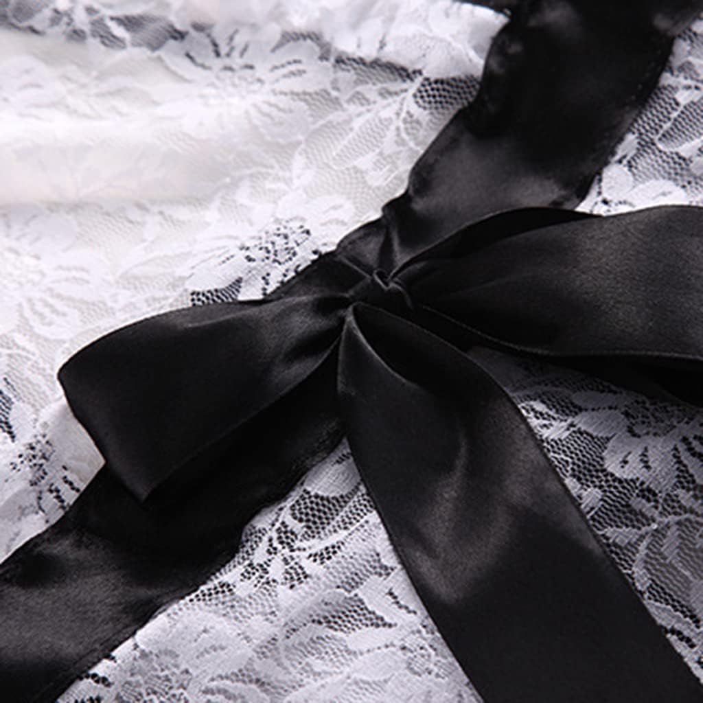 Women’s Sexy Lingerie French Maid Outfit Costume Naughty Bow See Through Lace Bodysuit Self Tie Servant Babydoll Uniform with Stockings Cosplay Roleplay Apron Fancy Dress, White