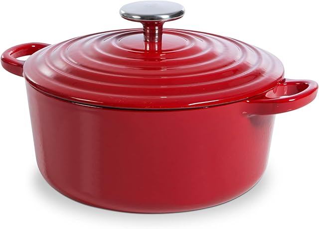 BK Cookware Dutch Oven, Cast Iron Casserole Dish with Lid, Enamelled Coating - Induction & Oven Safe Cookware - 20 cm/2.5 Litre, Chilli Red