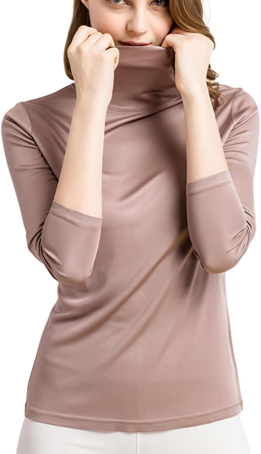 Silk Tops Turtleneck Long Sleeve Silk T Shirt Ultra Soft Thermal Layer Tops Slim High Neck Blouse - Image 6