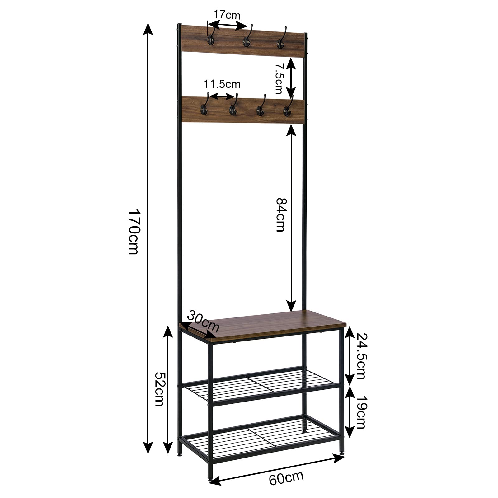 WOLTU Perchero Zapatero Perchero de Estilo Industrial con Banco 7 Ganchos Madera y Acero Marrón Oscuro | Zapatero de 2 niveles, 7 ganchos dobles, para entrada de pasillo, metal y madera de ingeniería, 60 x 31,5 x 170 cm