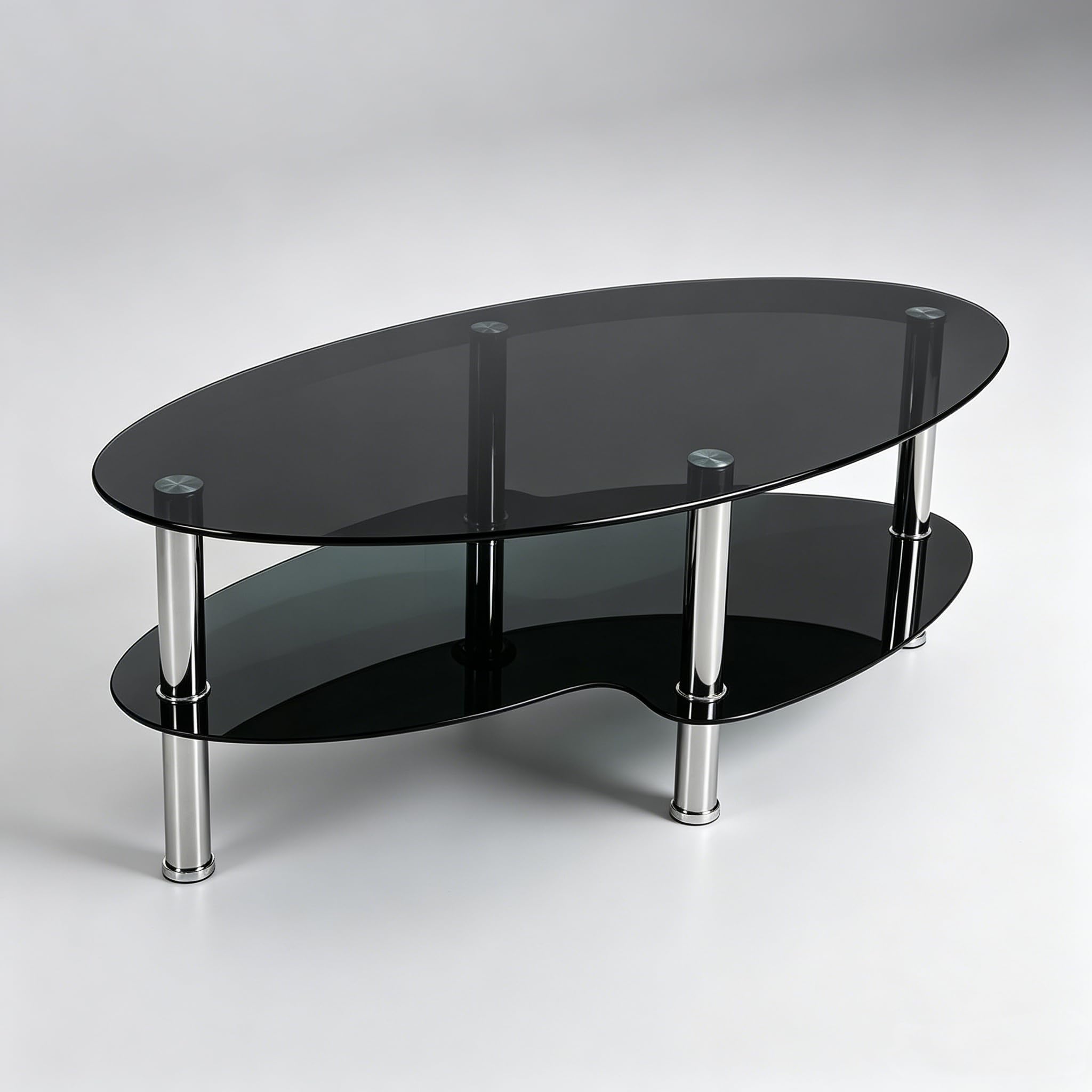 Table Basse Ovale en Verre Trempé, Noir et Noir