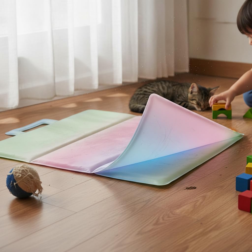 Kühlmatte Haustier | Selbstkühlende Hundematte mit ungiftigem Gel | Haustierbedarf | Hundezubehör, Regenbogen-Cartoon dreifach faltbar, M号62*91cm(建议30kg以内爱宠使用