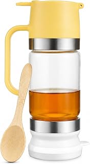 Glass Honey Dispenser No Drip 10 OZ with 5 Inch Bamboo Spoons | Honey Pot Jar Container with Handle and Stand Maple Syrup Dispenser for Coffee, Pancakes and Waffles Yellow