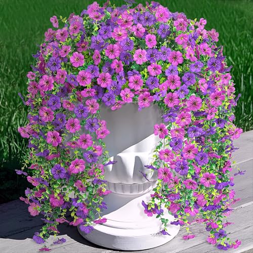 Hrobek Artificial Fake Hanging Plants Flowers for Spring Outdoor Outside Decor, Faux Mums Silk Realistic Flower, 2 Pcs UV Resistant Look Real Plastic Decorations for Porch Home Patio Balcony Yard