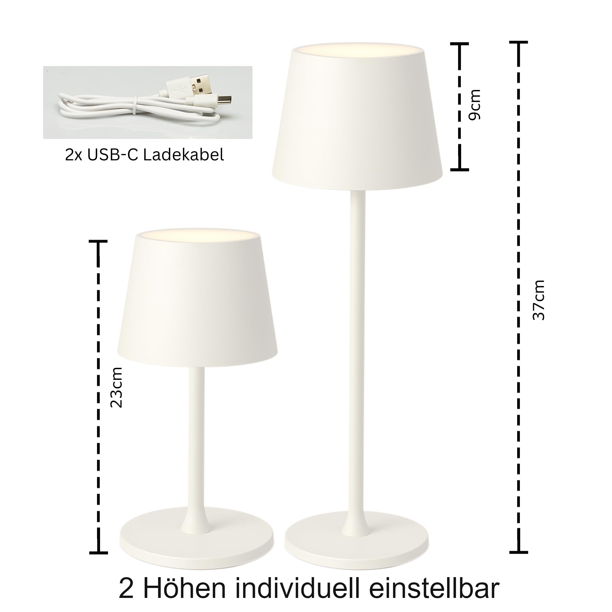 Smart-Planet Tischlampe 2x kabellos wiederaufladbar mit 5200 mAh Akku - IP54 Outdoor höhenverstellbare Tisch Leuchte aus hochwertigem Metall Touch stufenlos dimmbar USB C - 2x Stopfen für Flaschen