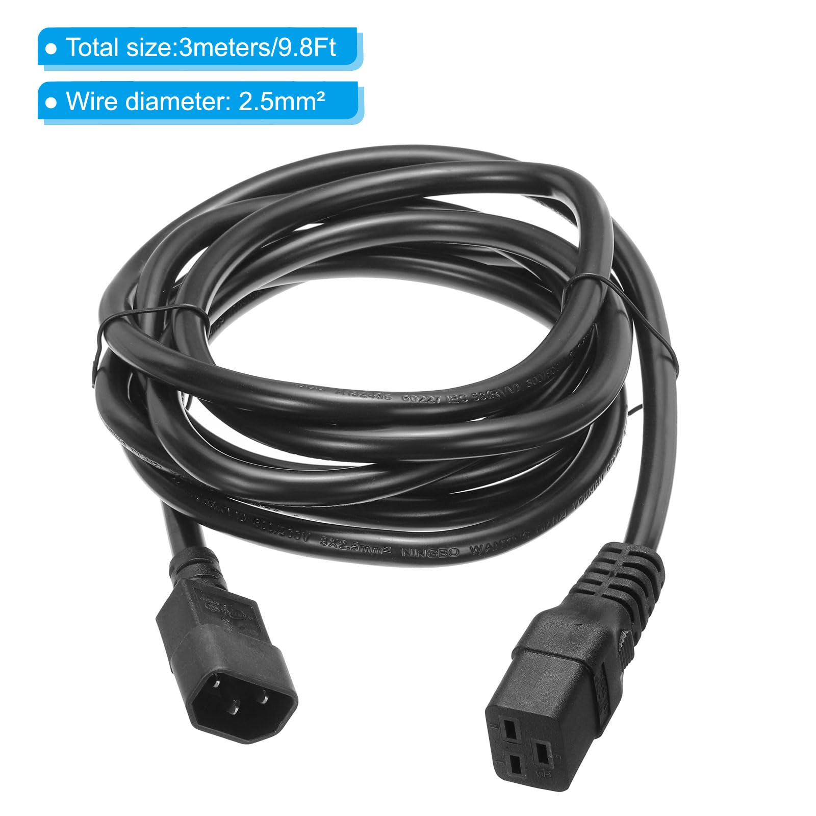 PATIKIL Cavo di Alimentazione AC a 3 Poli Maschio C14 a Femmina C19 2.5mm² 3Metro 9.8 Piedi 250V 10A 16A Cavo Prolunga PDU per Laptop Elettronica Computer Stampante Radio Monitor