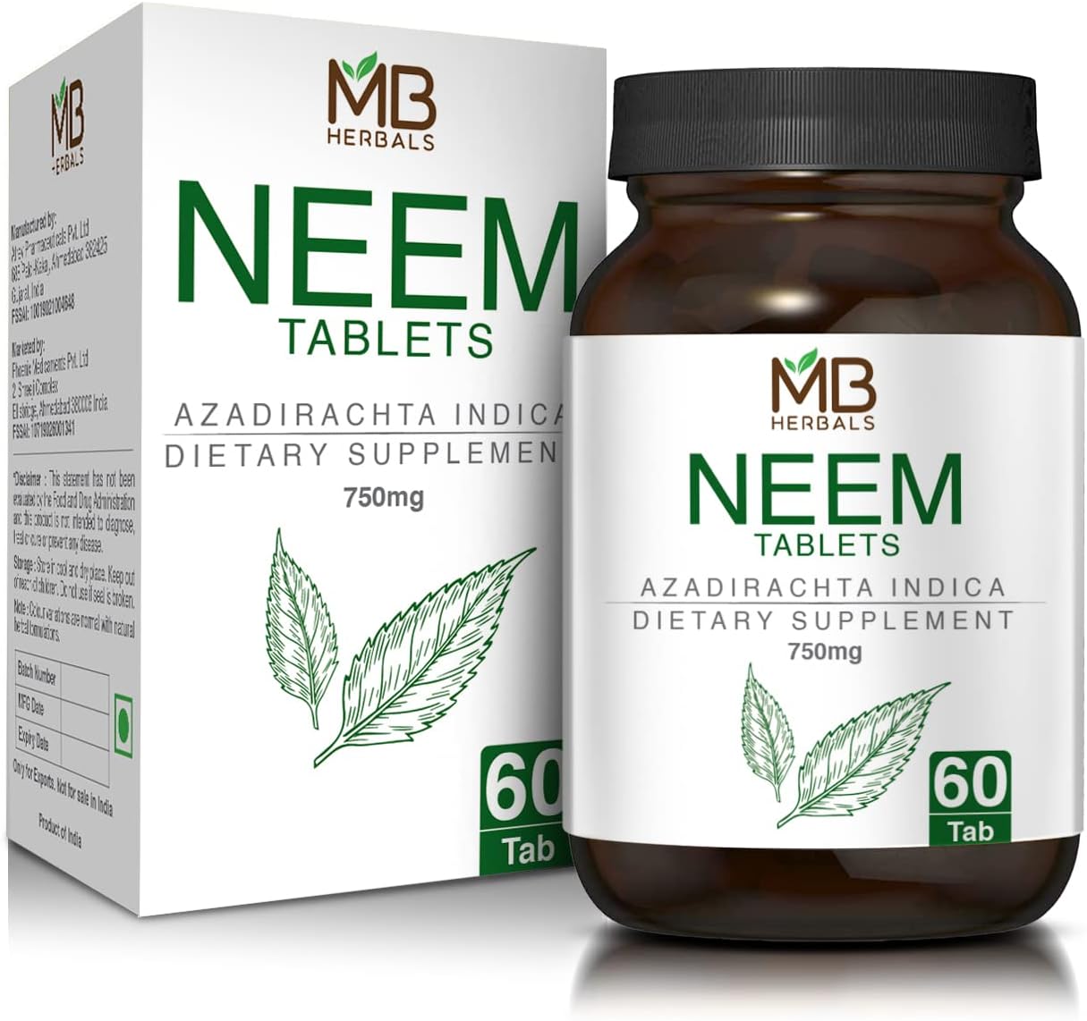 MB Herbals Neem Tablets 750mg, 60 Tablets 30 Days Supply