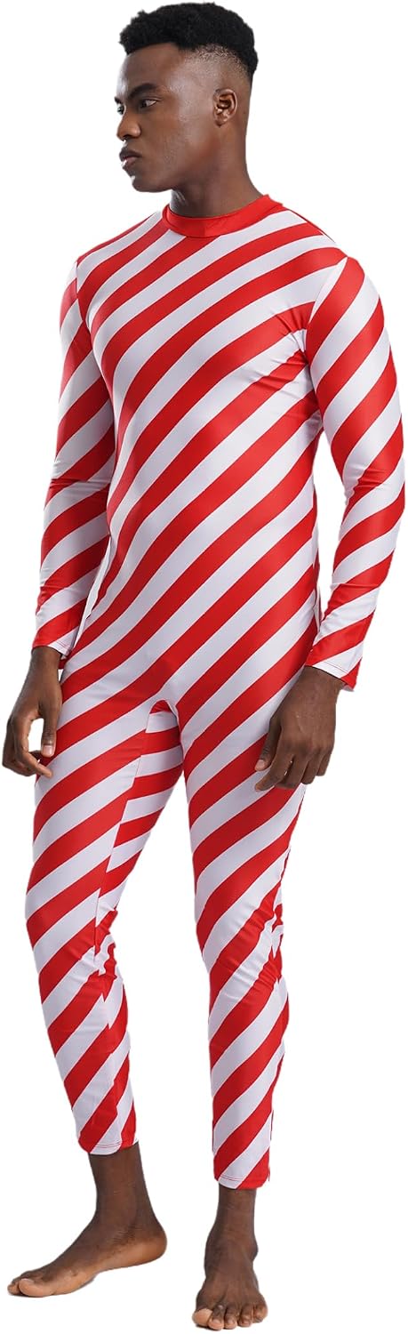 Jugaoge Mens Christmas Candy Cane Bodysuit Striped Long Sleeve Dance Unitard Jumpsuit Xmas Party Costume