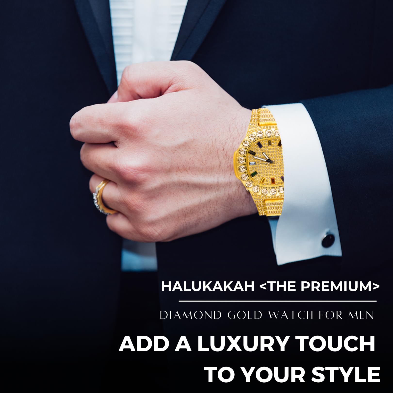 Halukakah Moissanit-Diamant Gold Uhr Für Männer - 18k Echtgold/Platin Weißgold Plattiert,Extragroßes,Diamanten Besetztes Zifferblatt mit Mehrfarbigen Edelsteinen,Iced Out,24cm Armband, mit Geschenkbox