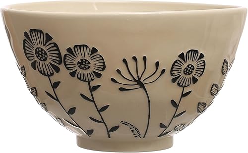 Creative Co-Op Gres pintado a mano de 12.5 pulgadas para servir flores en relieve, cuenco crema y negro