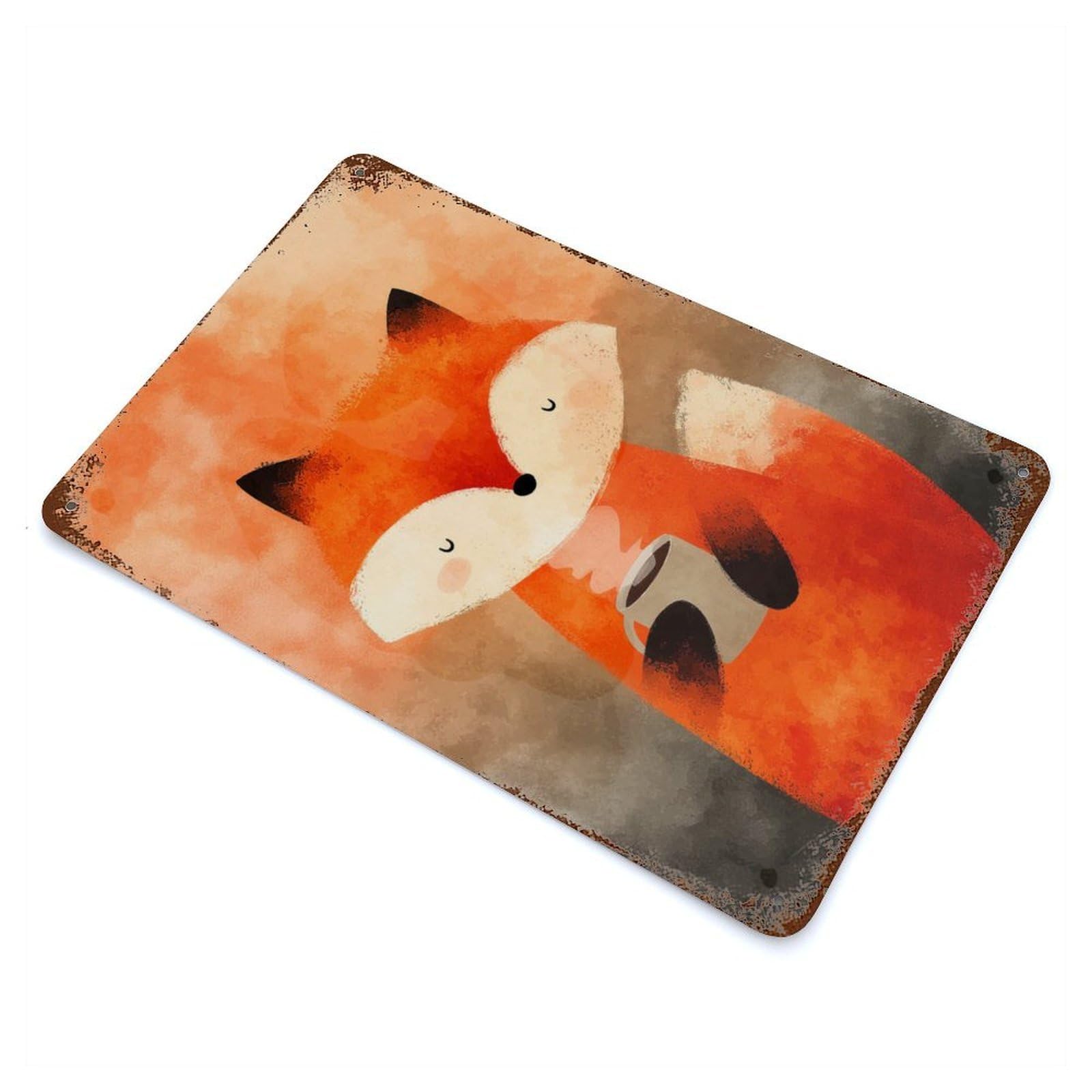 Distressed Metal Wall Sign Fox with Coffee 11.8"x7.9", Vintage Wall Decor for Garage, Bar And Workshop Decor