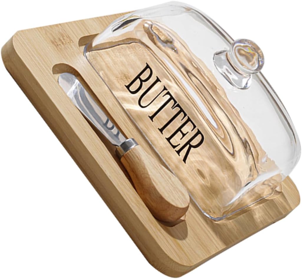 1Set Butter Dish with Lid Wood Tray and Dome Cutter for Food Preservation Butter Container for Refrigerator Keeps Butter Fresh and Spreadable