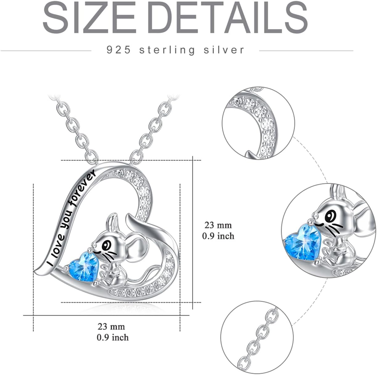 Mouse Necklace for Women 925 Sterling Silver Heart Cut Aquamarine I Love You Forever Mouse Pendant Necklace - Image 4