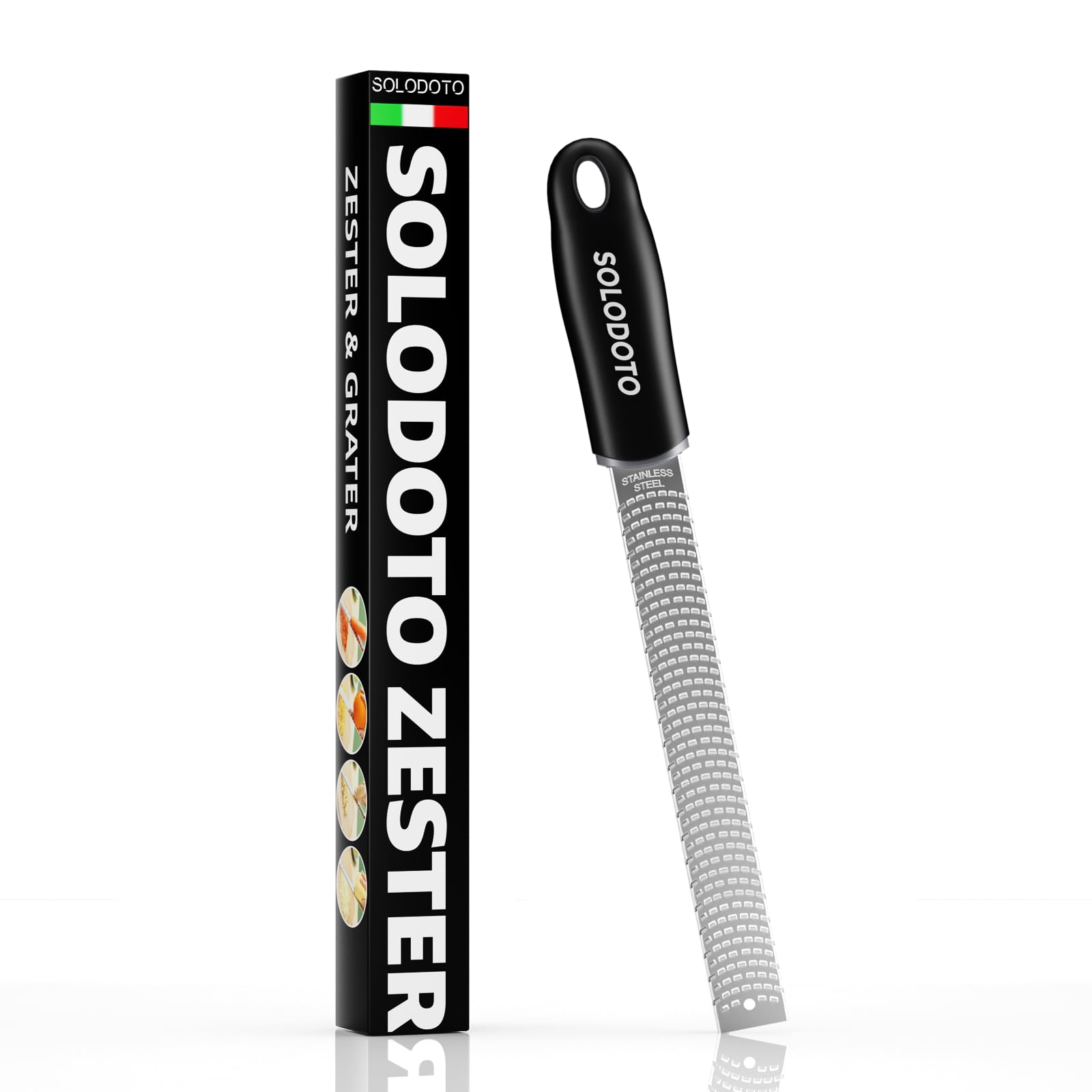 SOLODOTO 【Von Sterneköchen empfohlen】 Zester Reibe, lasergeschärfte Reibfläche Parmesanreibe, lebensmittelechter Edelstahl Käsereibe, Knoblauchreibe, Küchenreibe, Zitronenreibe, Muskatreibe
