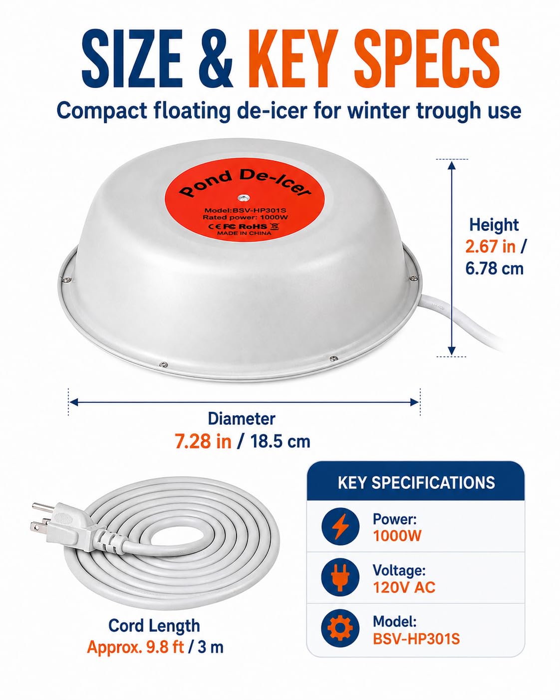 Pływający Odmrażacz Zbiornika Aluminiowy 1200W 120V Podgrzewacz Wody dla Kur na Zimę Konstrukcja Zanurzeniowa do Poidła dla Zwierząt Kąpieliska Ptaków i Koryta Wodnego,1000w