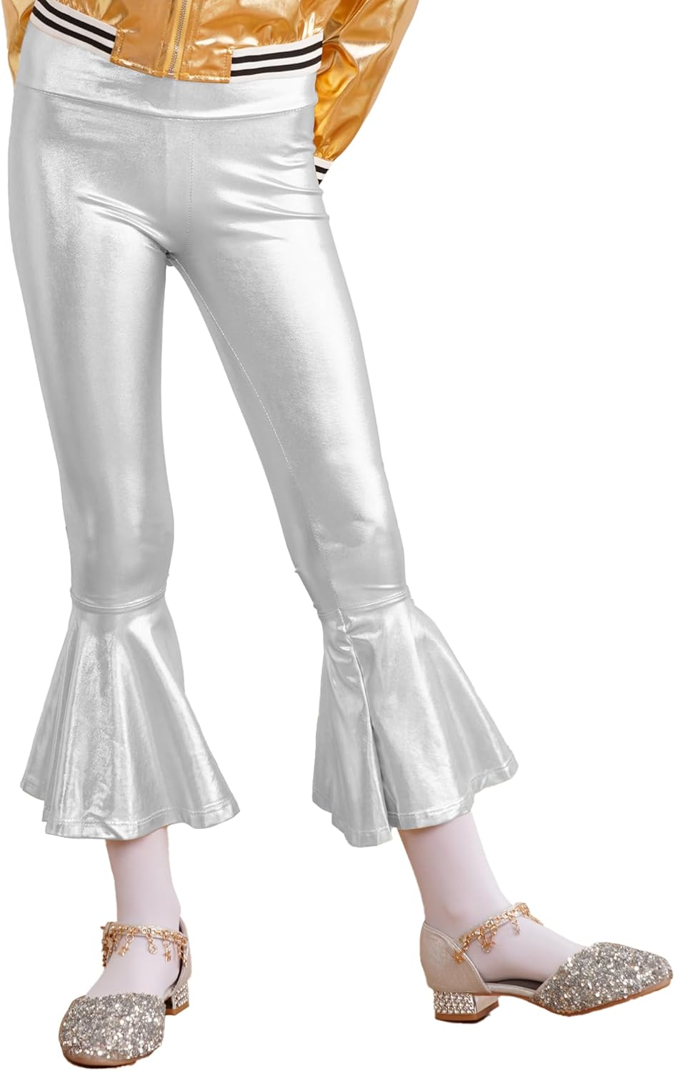 Pantaloni Danza Bambina A Zampa Di Elefante - Vita Alta, Tessuto Luccicante, Per Latino, Modern Jazz, Salsa - Foto 9