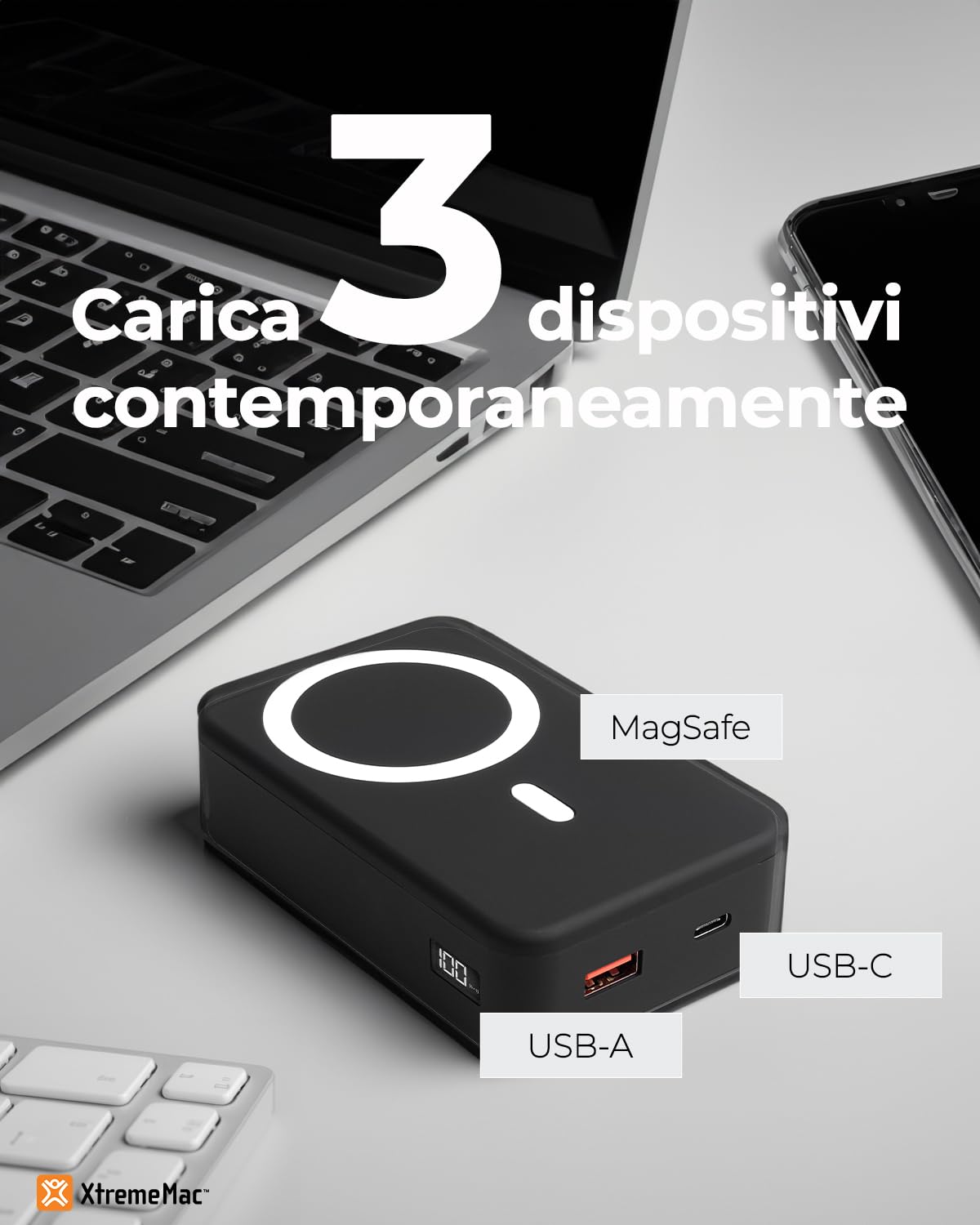 XtremeMac Magsafe Powerbank 20000mAh, Batteria esterna magnetica per iPhone 15/14/13/12 serie, USB-C, USB-A e Powerbank wireless con ricarica rapida, Mini Power Bank PD 20W, Potente, Nero.