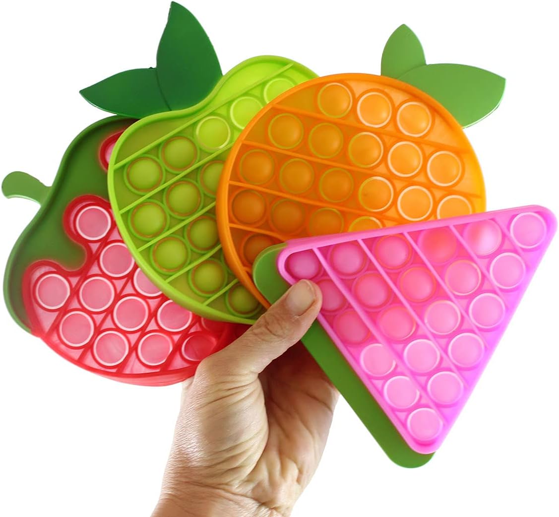 Cute Fruit Shaped Pop Silicone Push Poke Bubble Wrap Fidget Toy - Press Bubbles to Pop the Bubbles Down Then Flip it over and Do it Again - Sensory Stress Toy OT (Set of All 4 Fruits)