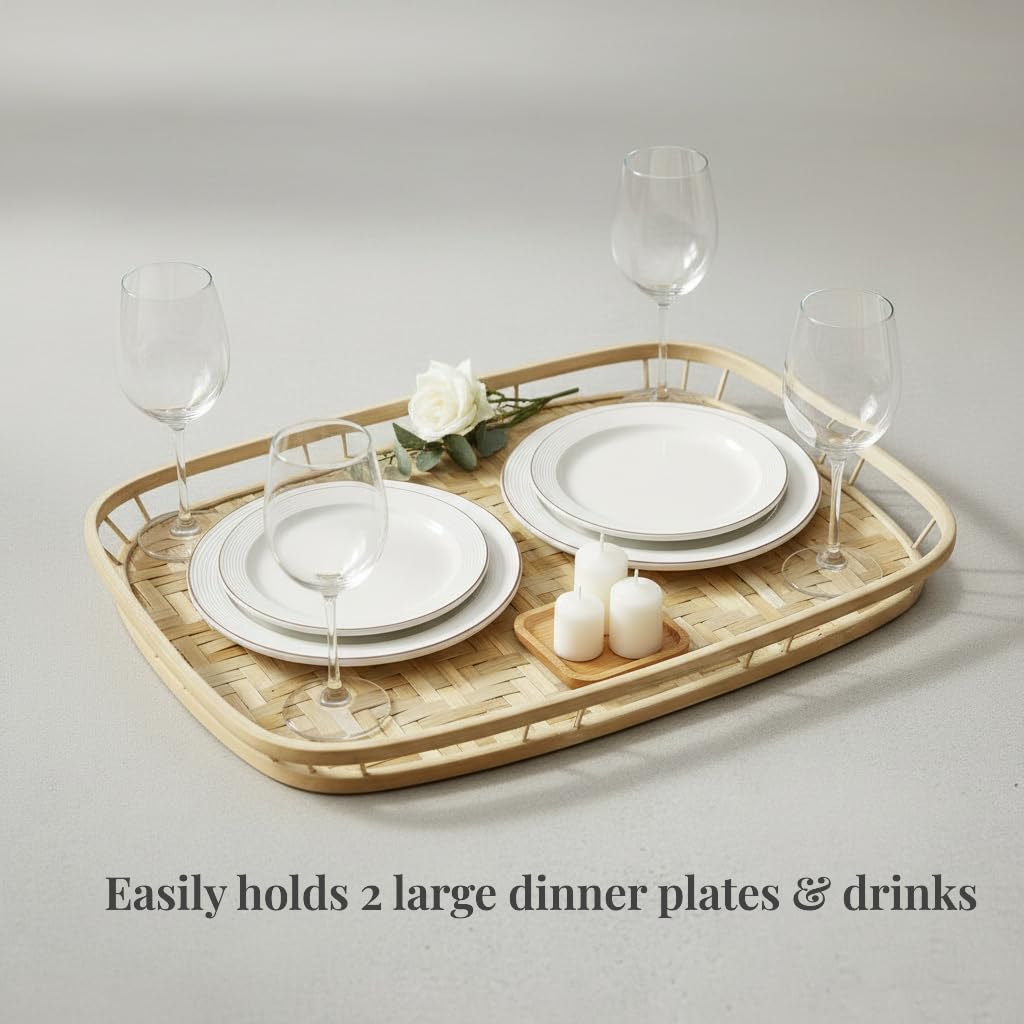 PEMAR Bandejas grandes de bambú para servir con asas, bandeja rectangular tejida a mano, bandeja de bambú para dormitorio, bandeja de cabina. Bandeja decorativa para mesas de café, desayuno, cena,